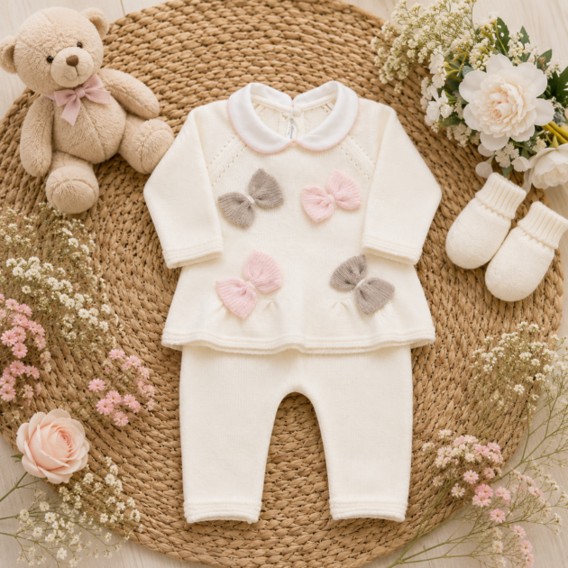 Completo nascita neonata panna con fiocchi | AI | 2261 | LC