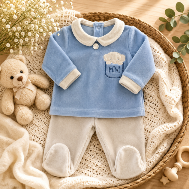 Completo 2 pezzi ciniglia neonato beige e celeste | AI | MB