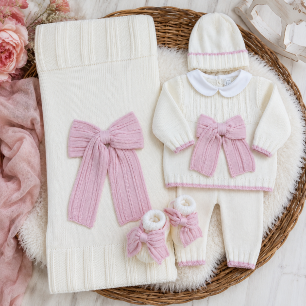 Coordinato nascita neonata panna con fiocco rosa 4Pz | AI |  E93-17D | Le dodo