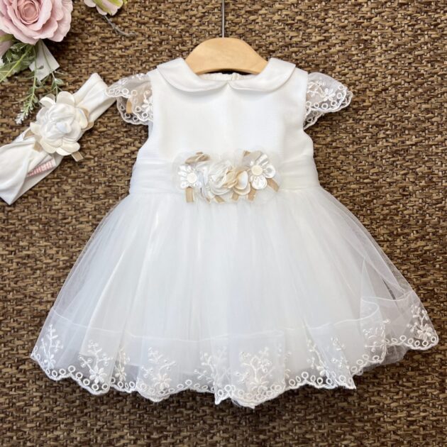 Abito Battesimo Tulle Ricamato Fiori Panna 3F723 MB