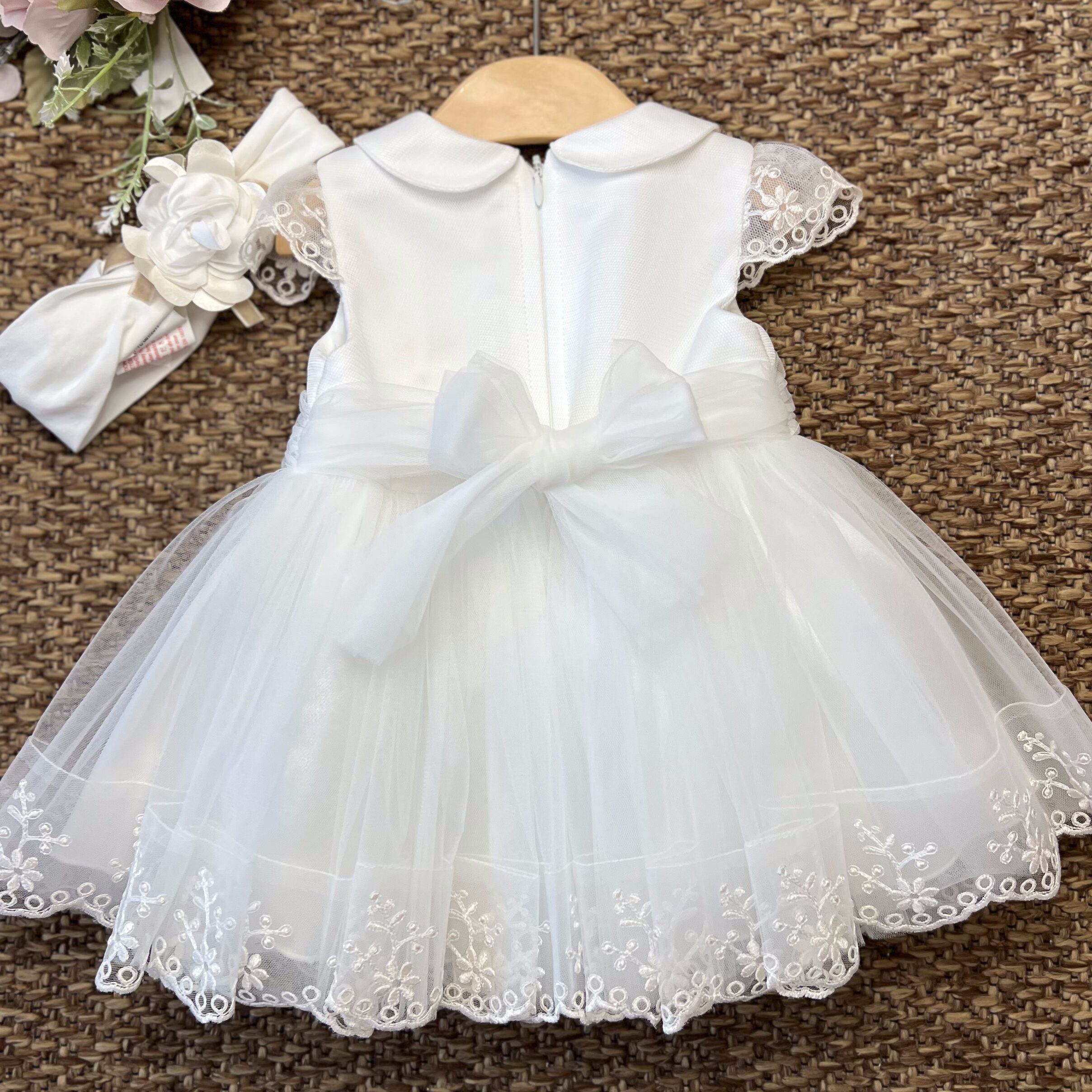 Abito Battesimo Tulle Ricamato Fiori Panna 3F723 MB - immagine 4