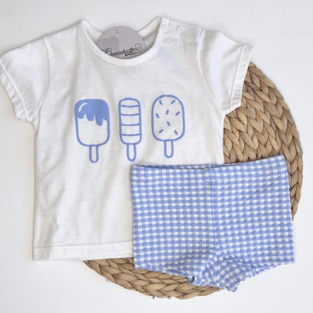 Costume vichy celeste con t-shirt gelati 23064 CL