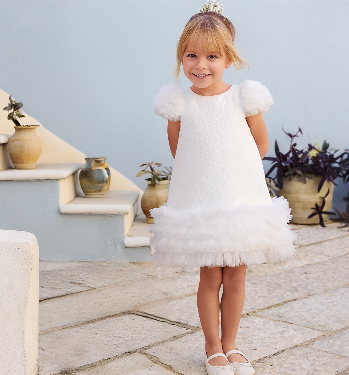 Abito Bianco Balze di Tulle 0B285 SB