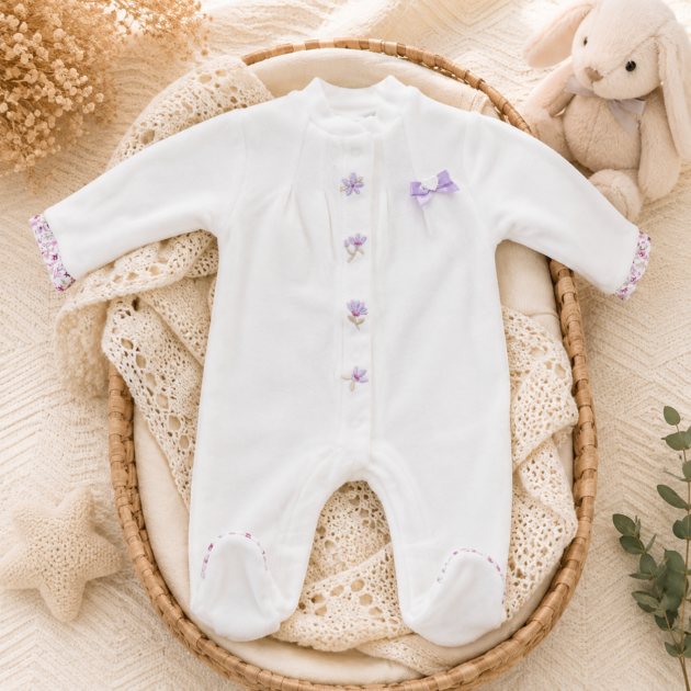 Tutina ciniglia neonata con ricamo fiori |  AI | MB