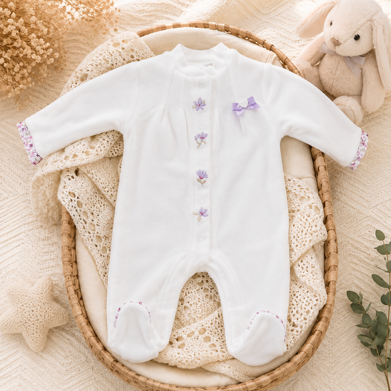 Tutina ciniglia neonata con ricamo fiori | AI | MB