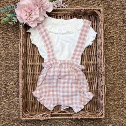 Pagliaccetto vichy rosa con t-shirt colletto volant 11126 CL