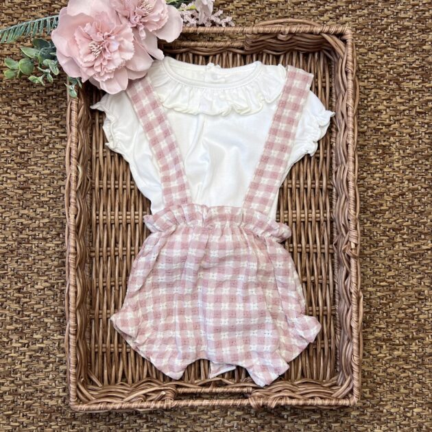Pagliaccetto vichy rosa con t-shirt colletto volant 11126 CL