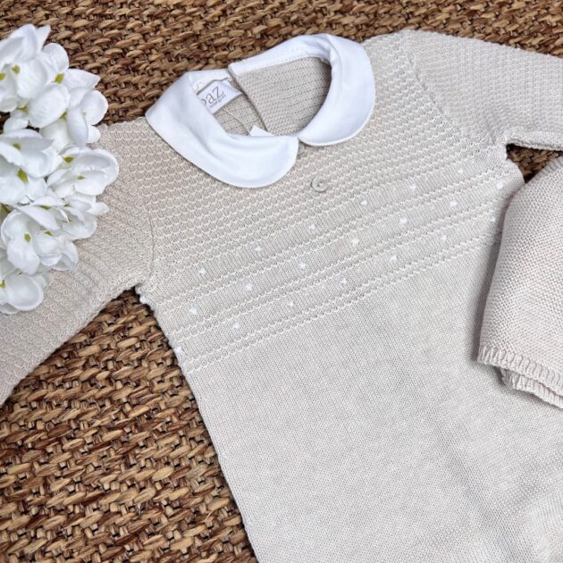 Tutina crema con colletto bianco, e cuffietta | Filo di cotone 005-123503 PZ