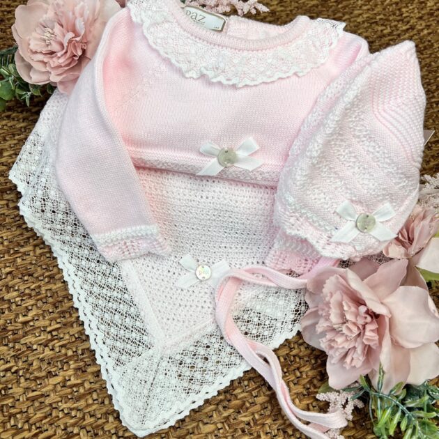 Coordinato nascita romantico con merletto, coperta, Coprifasce e cuffietta | Filo di cotone 029-123388 Pz