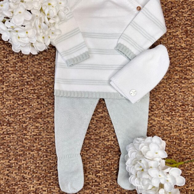 Coprifasce bianco righe verdi, ghettina verde e cuffietta | Filo di cotone 103-123571 Pz