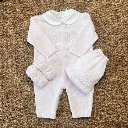 Set nascita neonato 3pz con tutina con pizzo e roselline 3606