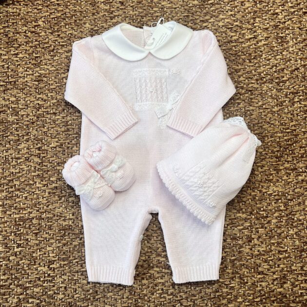 Set nascita neonato 3pz con tutina con pizzo e roselline 3606
