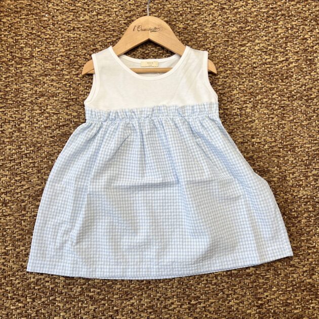 Abito bimba bianco vichy quadretti celeste HS86G
