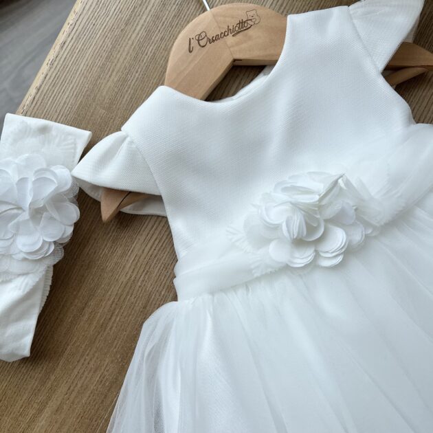 Abito Battesimo bimba bianco con fiore,  cardigan e fascia capelli 3G713/00