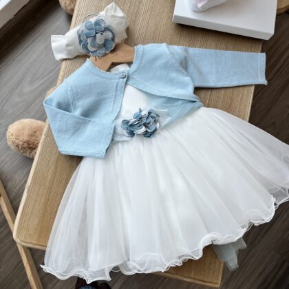 Abito Battesimo Bimba con fascia polvere e fiori, con cardigan 3G713
