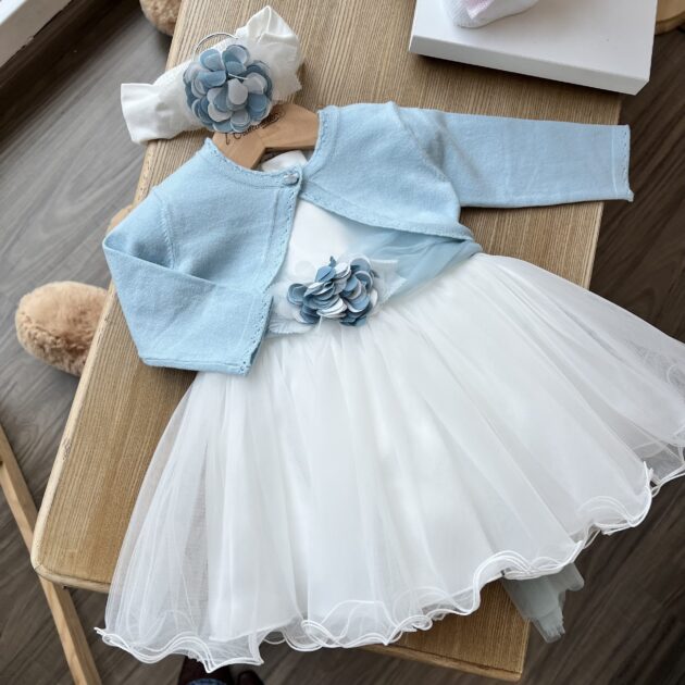 Abito Battesimo Bimba con fascia polvere e fiori, con cardigan 3G713