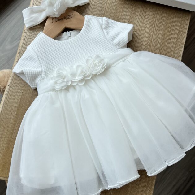 Abito Battesimo bimba con fiori, cardigan e fascia capelli 3G710/00