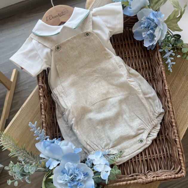 Pagliaccetto neonato beige con maglia con colletto verde | Estivo | B08234