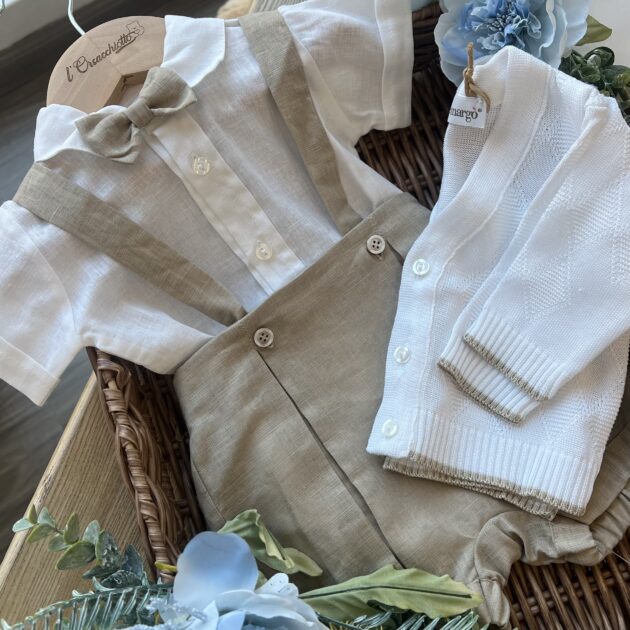 Completo beige con pagliaccetto, camicia, papillon e cardigan | Estivo | B09550