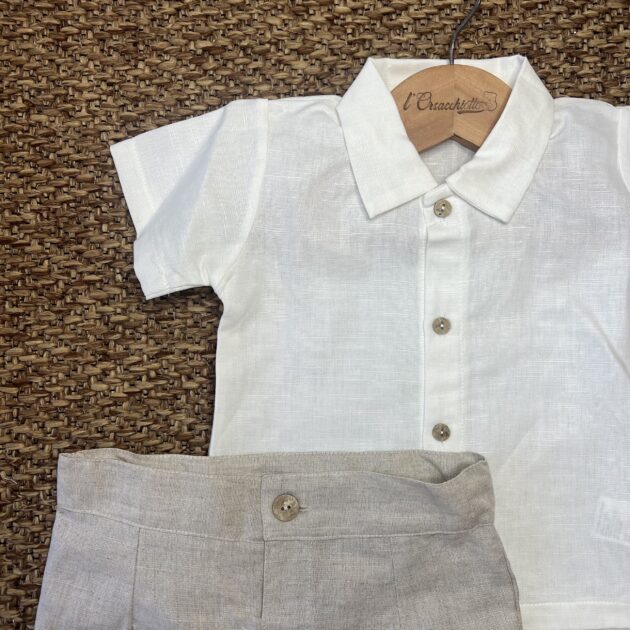 Completo bimbo in lino con camicia e Pant. corto beige | Estivo | 26190 JL