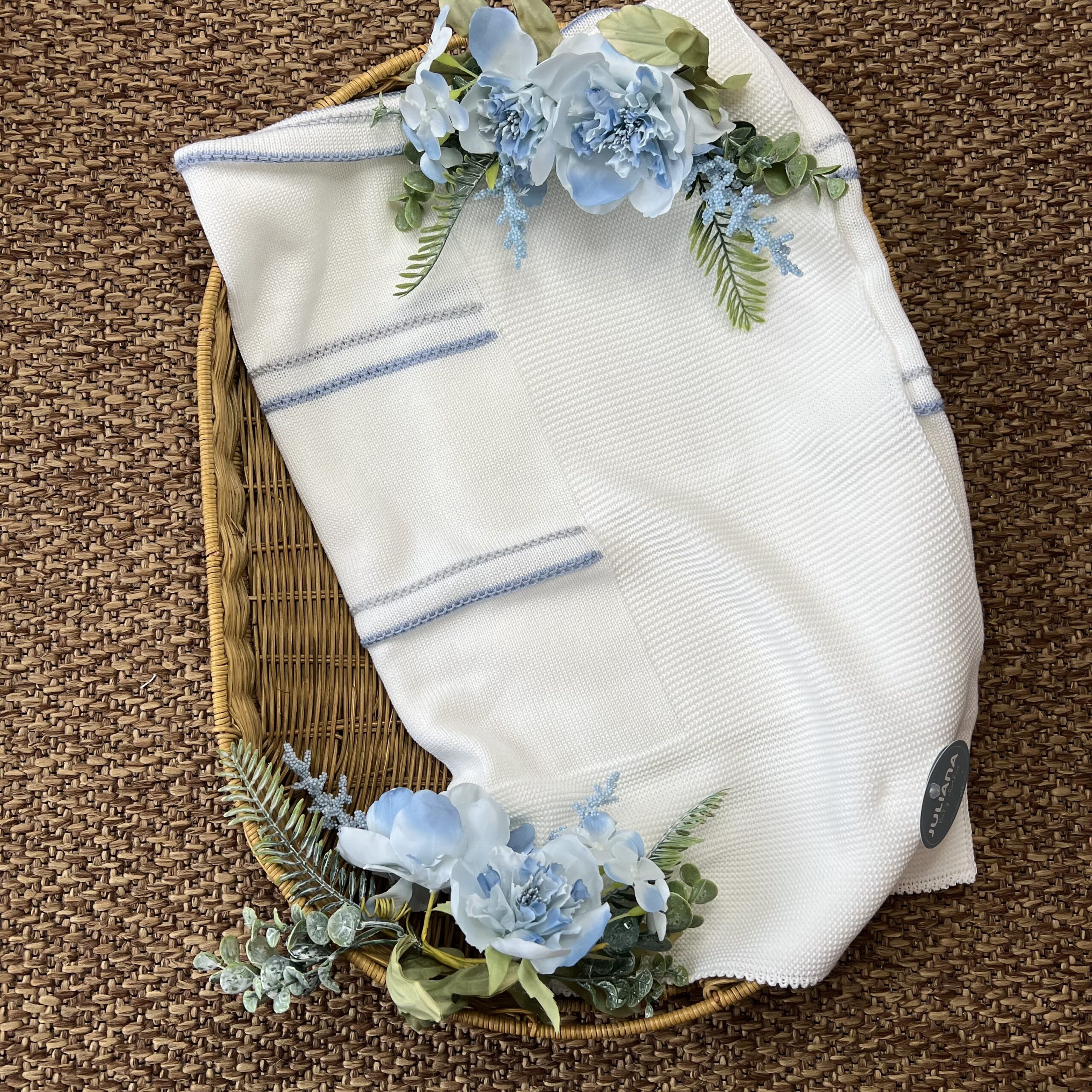 Coperta neonato bianca con righe celesti e grigie | Estivo | 26018