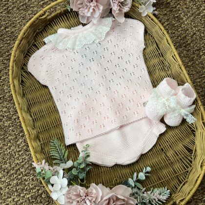 Completo neonata rosa con merletto e babbucce | Estivo | 26061