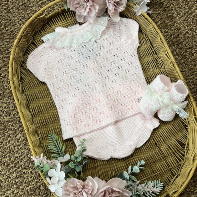 Completo neonata rosa con merletto e babbucce | Estivo | 26061