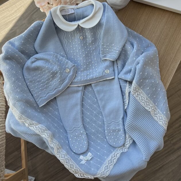 Coordinato nascita neonato con coperta, completino e cappellino | Filo di cotone | 029-123235