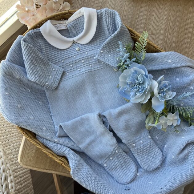 Coordinato nascita neonato celeste, con tutina, cappellino e coperta | Filo di cotone | 029-123496