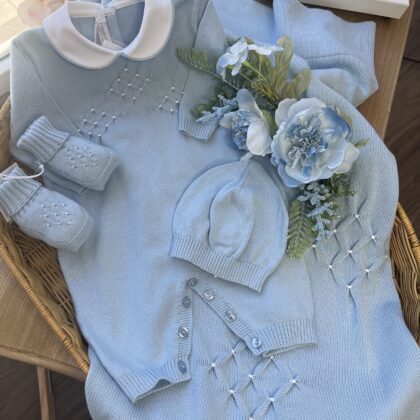 Coordinato nascita neonato celeste con punto smok, completo 2 Pz, babbucce, cappellino e coperta | Filo di cotone | Lcn2942