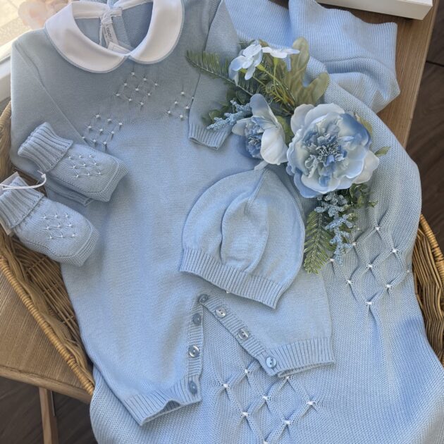 Coordinato nascita neonato celeste con punto smok, completo 2 Pz, babbucce, cappellino e coperta | Filo di cotone | Lcn2942