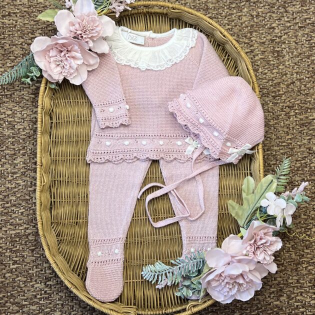 Set nascita neonata con completino e cuffietta con merletto | Filo di cotone | 103-123252