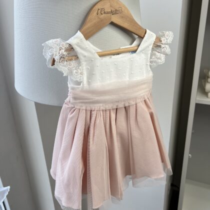 Abito bimba elegante con tulle rosa cipria e ricamo con cinta in tulle | Estivo | 0155 MI