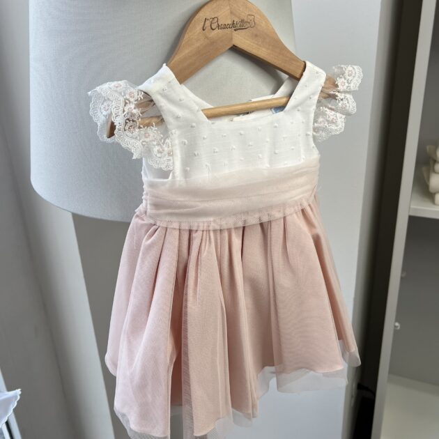 Abito bimba elegante con tulle rosa cipria e ricamo con cinta in tulle | Estivo | 0155 MI
