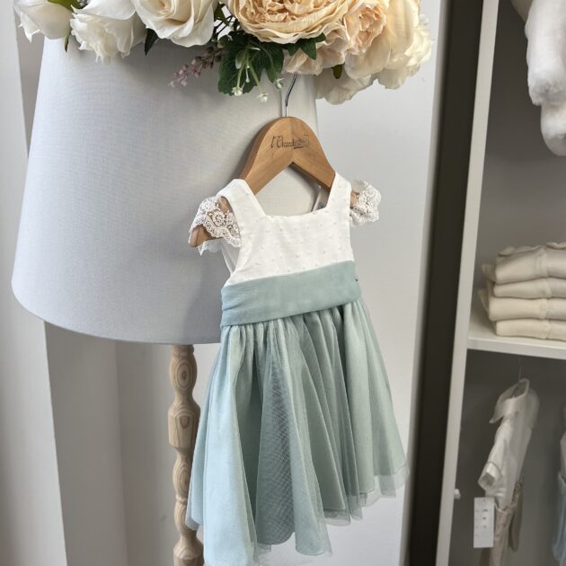 Abito bimba elegante con tulle verde salvia e ricamo con cinta in tulle | Estivo | 0155 MI