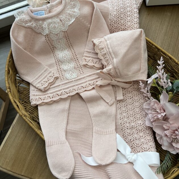 Coordinato nascita neonata rosa cipria 3pz con merletto | Estivo | TO141 Ml