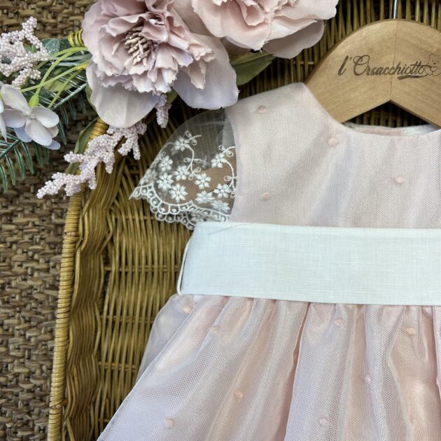 Abito elegante bimba in tulle rosa ricamato | Estivo | 004-153451 | PZ