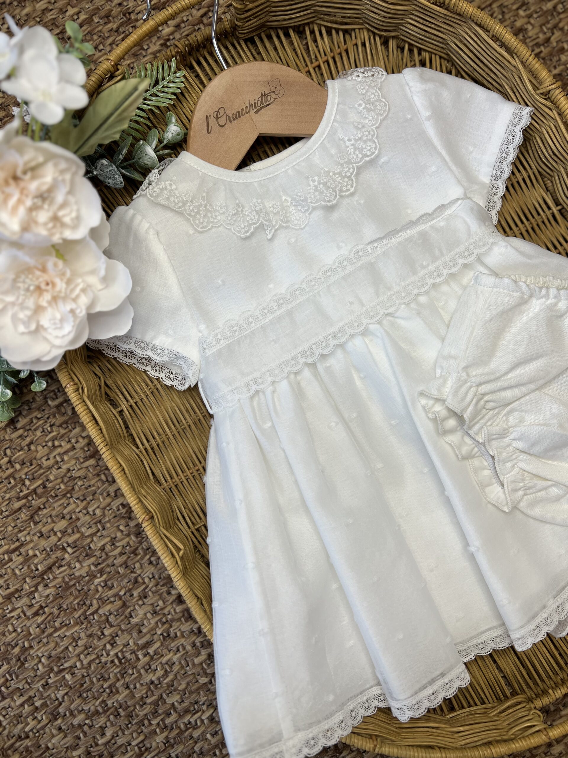 Abito Battesimo bimba panna in plumetis di lino con copripanno | Estivo | 104-153455 | PZ