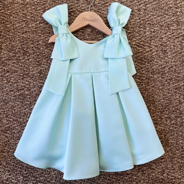Abito elegante bimba in raso verde con fiocchi | 801 | IL