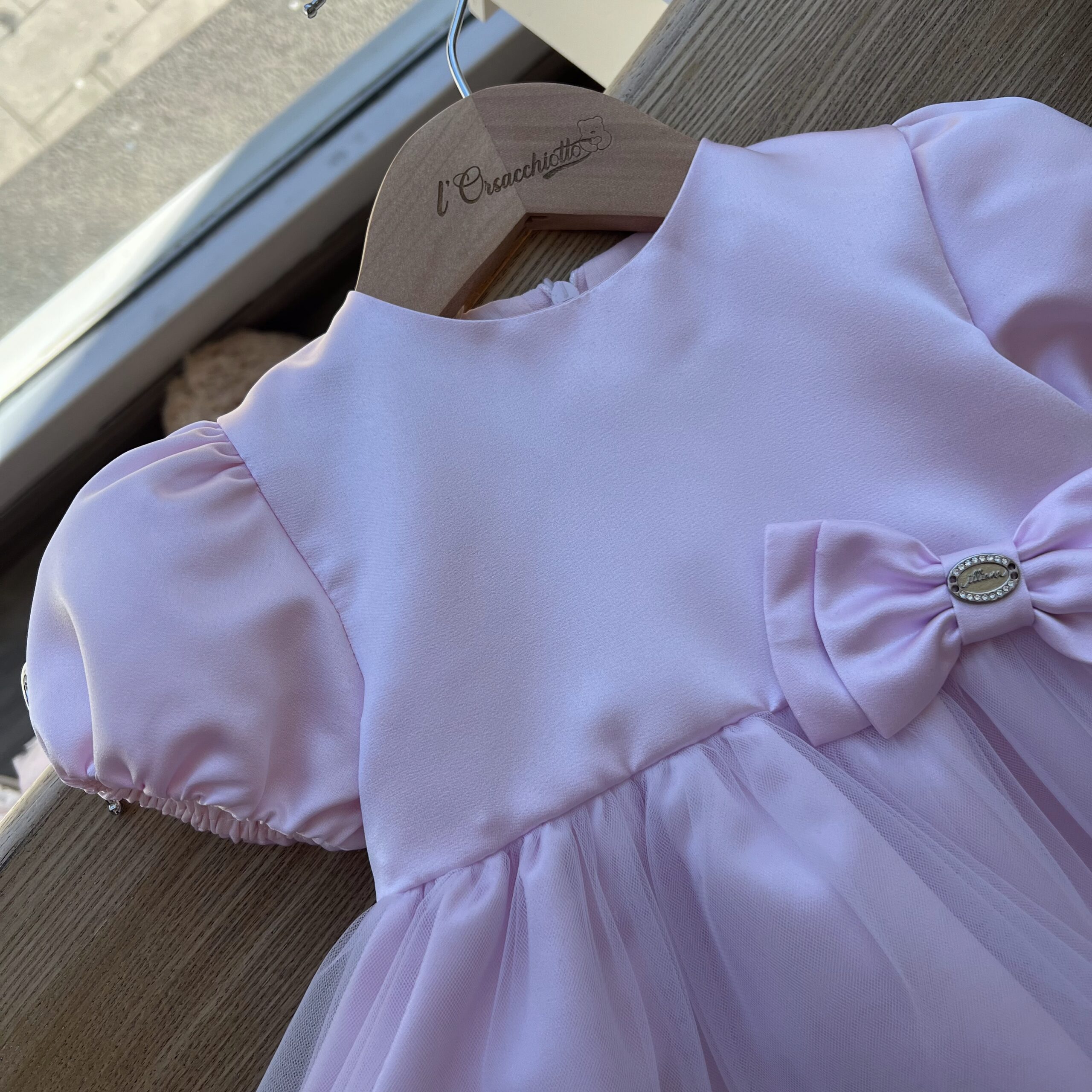 Abito elegante bimba in raso rosa e tulle con fiocco | 818 | Il - immagine 2