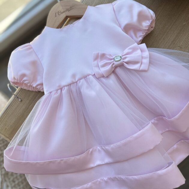 Abito elegante bimba in raso rosa e tulle con fiocco | 818 | Il