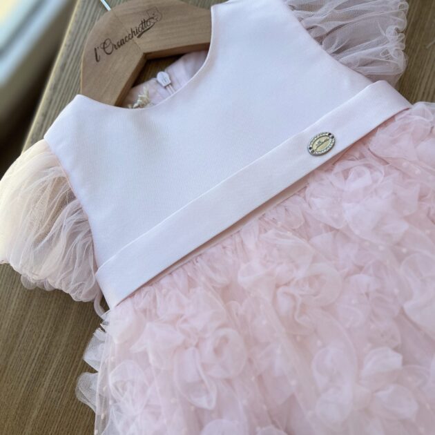 Abito elegante bimba in raso rosa con tulle | 860 | Il