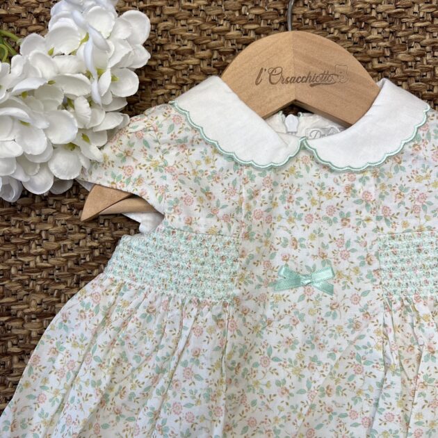Abito bimba fiori con punto smock verde | 259 | DK