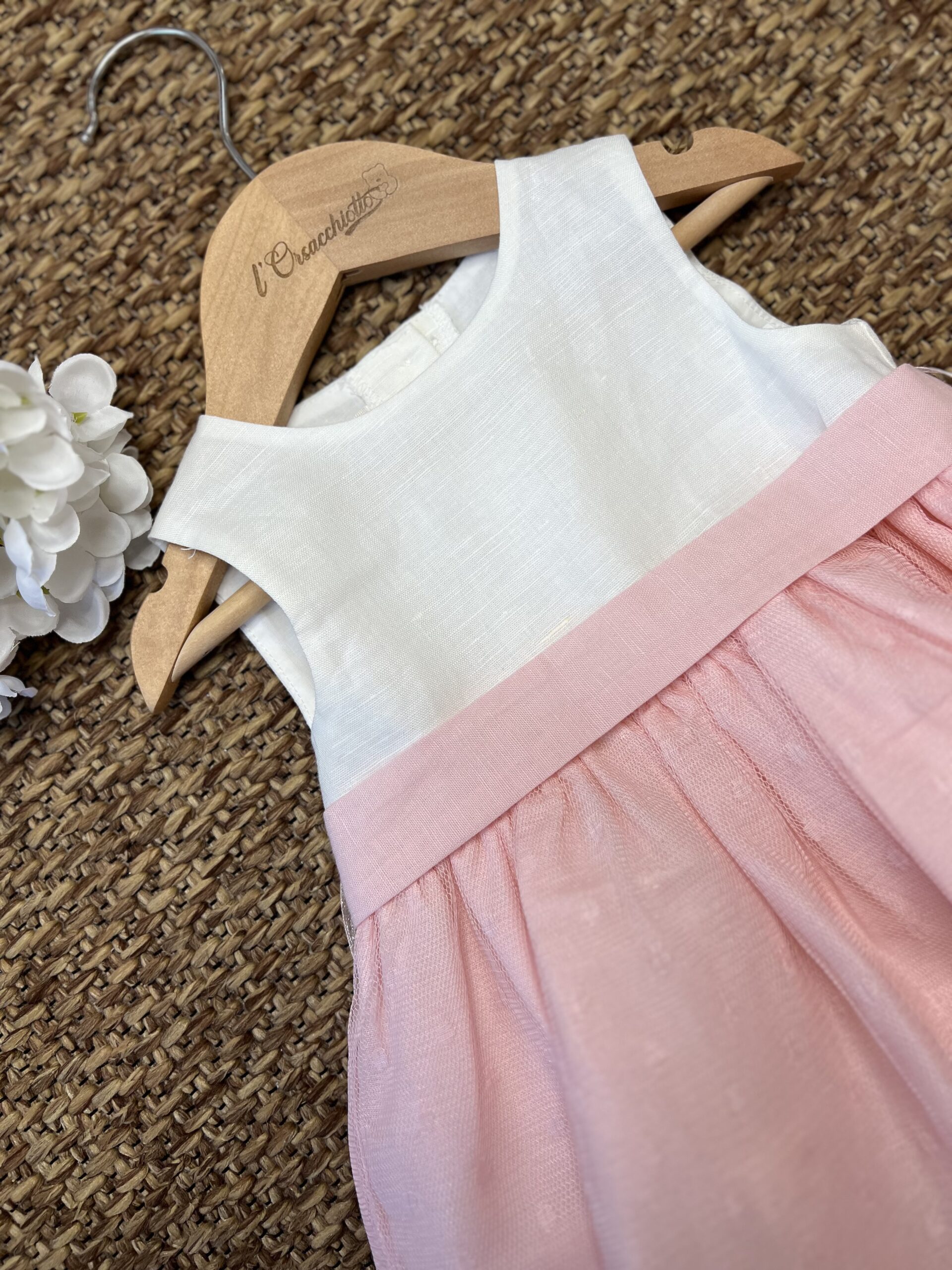 Abito elegante bimba in lino e tulle rosa | 3G718 | MB
