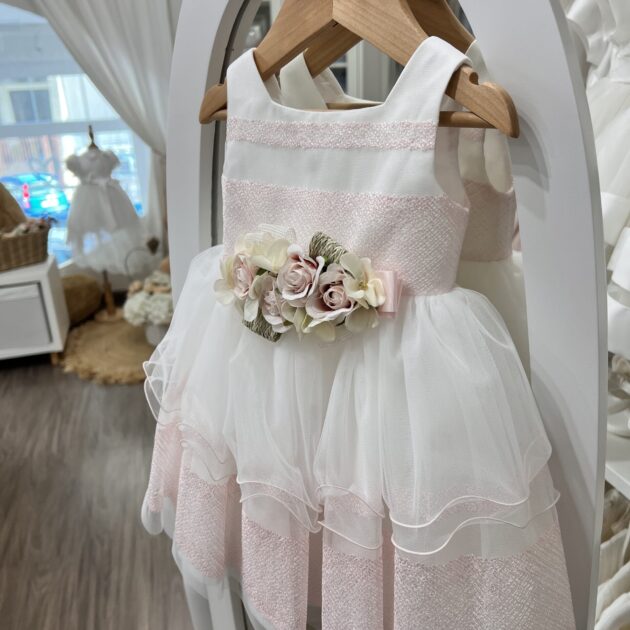 Abito battesimo bimba bianco e rosa in tulle 4973