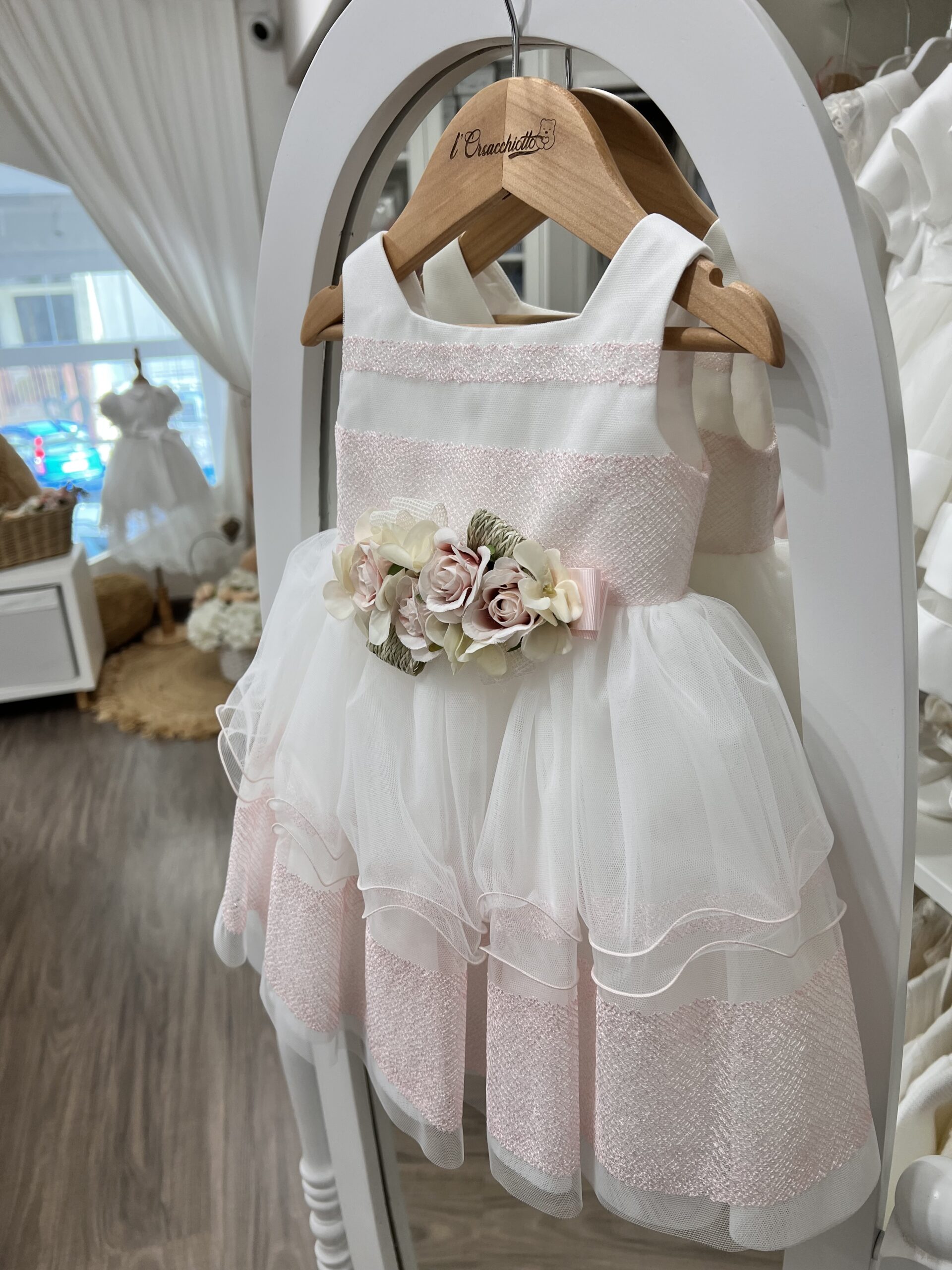 Abito battesimo bimba bianco e rosa in tulle 4973