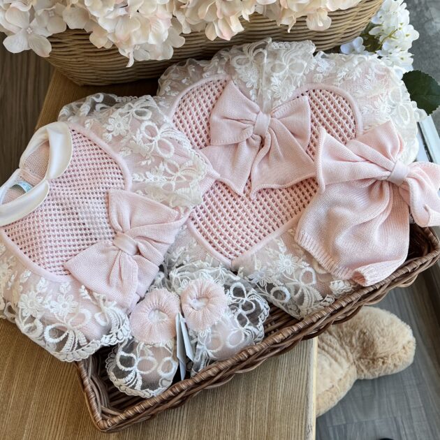 Coordinato nascita neonata cuore e pizzo chantilly | Filo di cotone T24L-18