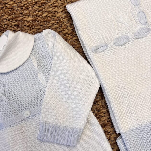 Coordinato nascita neonato con Tutina celeste e bianco treccia | Filo di cotone 3601