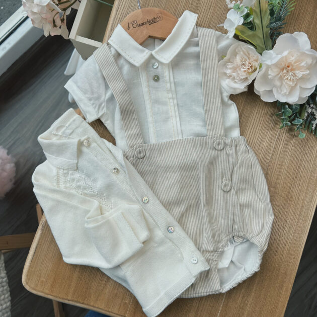 Completo bimbio con Pagliaccetto beige a righine, cardigan e camicia | DK148 | DK