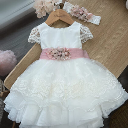 Abito battesimo bimba con merletto e fascia rosa antico con fiori | 748 | MML